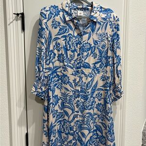 CAbi Blue and Cream Floral 3/4 Sleeve Dress